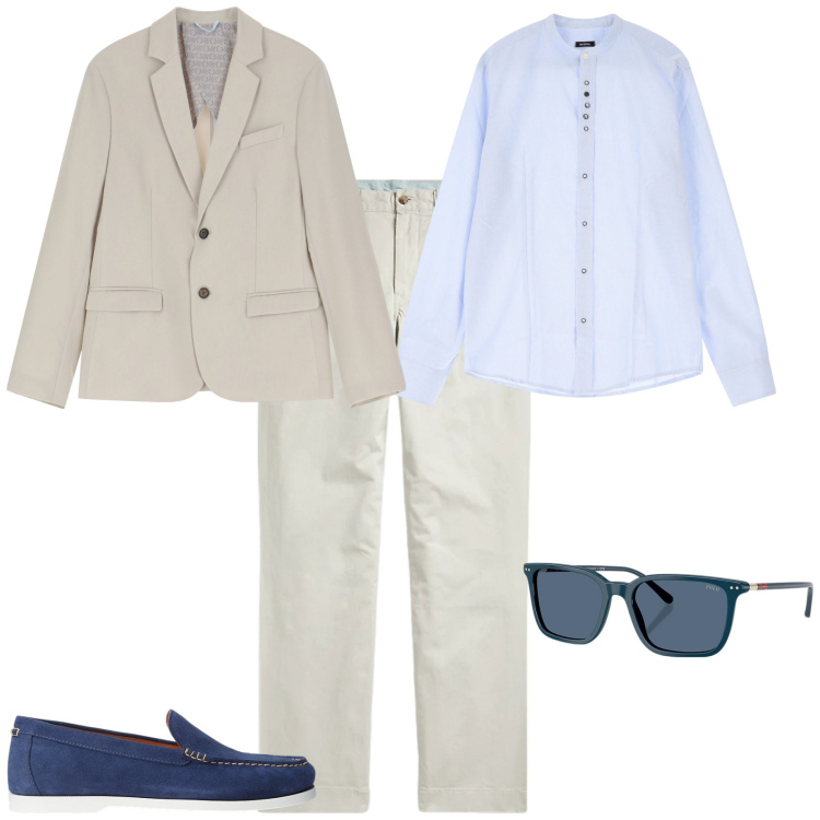 Outfit uomo - In ufficio trendy. Stile Business/Elegante per Ufficio. Abbinamento con camicie, giacche, scarpe stringate, pantaloni, occhiali da sole.