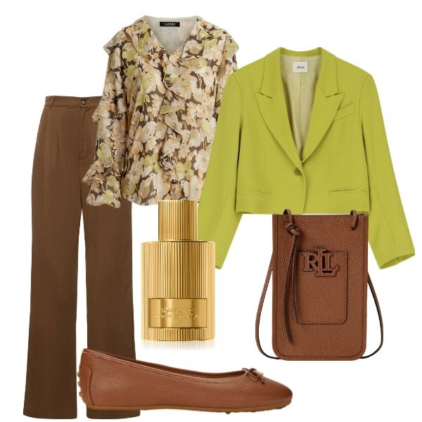 Outfit donna - La bella stagione. Stile Casual chic per Serata fuori. Abbinamento con profumi, blazer, borse a tracolla, ballerine, camicie, pantaloni.