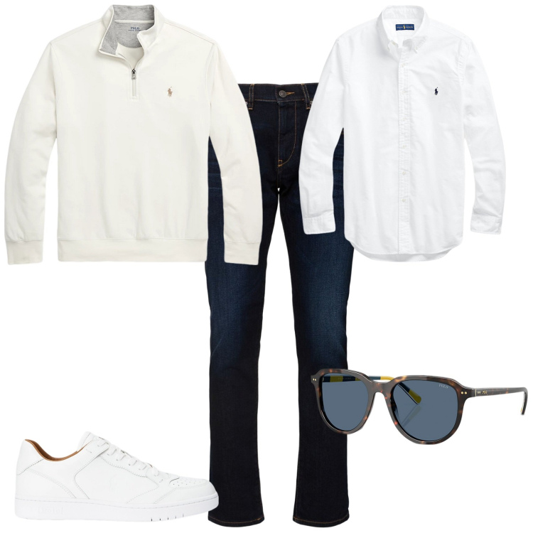 Outfit uomo - In ufficio trendy. Stile Trendy per Ufficio. Abbinamento con pullovers, camicie, sneakers, occhiali da sole, jeans slim fit.