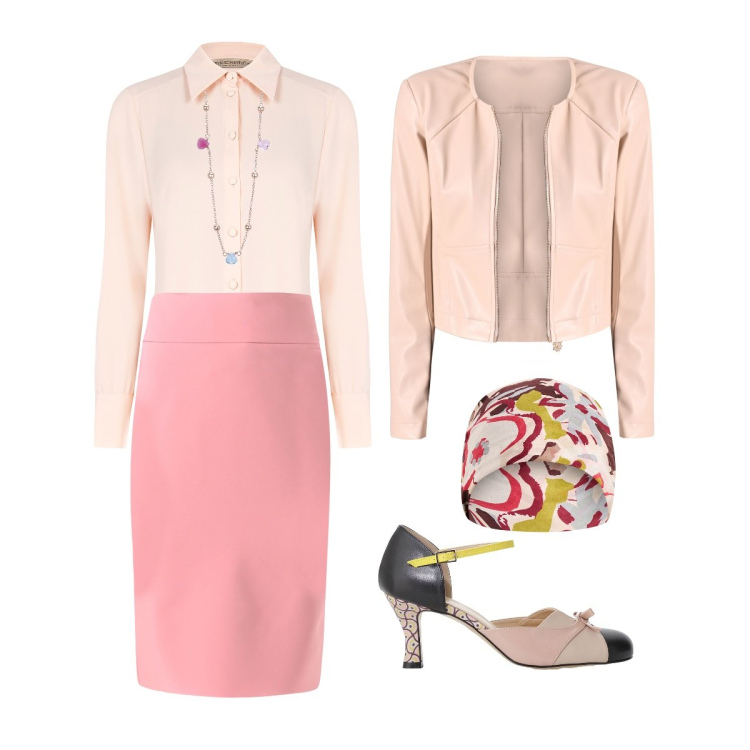 Outfit donna - Easy Pink. Stile Casual chic per Ufficio. Abbinamento con gonne, sciarpe, giacche, camicie, collane, décolleté.