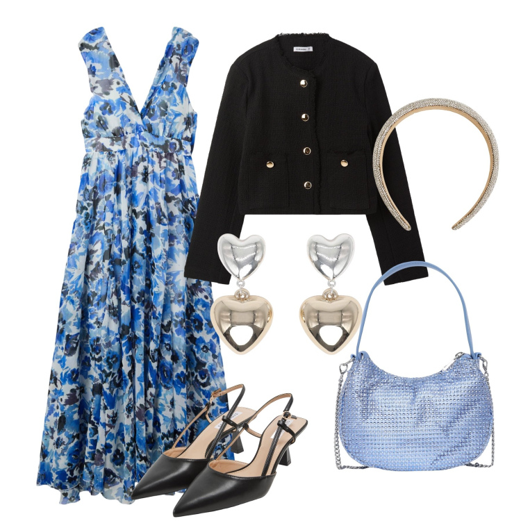 Outfit donna - Evento floreale e strass. Stile Chic per Serata fuori. Abbinamento con vestiti lunghi, blazer, sabot, orecchini, borse a spalla, cerchietti.
