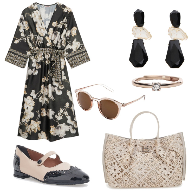 Outfit donna - France vs Japan. Stile Chic per Serata fuori. Abbinamento con occhiali da sole, anelli, orecchini, vestiti midi/longuette, borse a tracolla, ballerine.