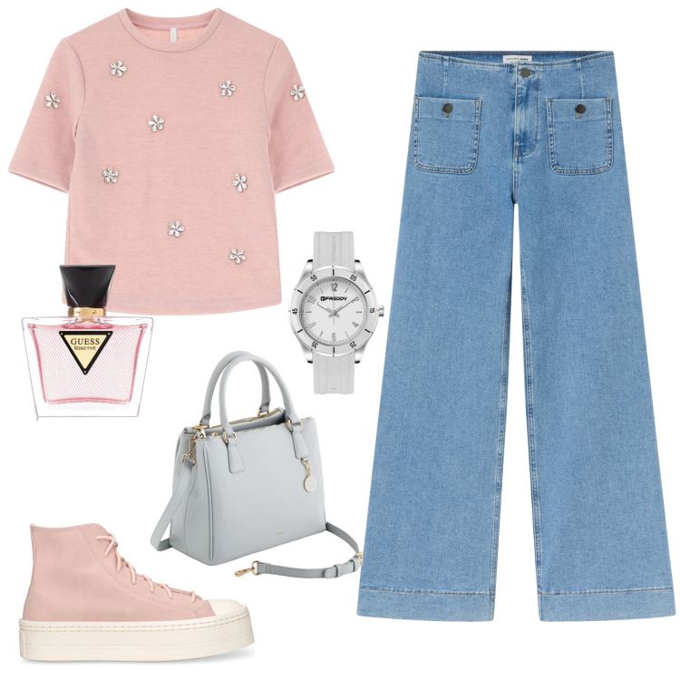 Outfit donna - Primavera. Stile Casual per Tutti i giorni. Abbinamento con profumi, jeans, maglieria, orologi, sneakers, borse a mano.