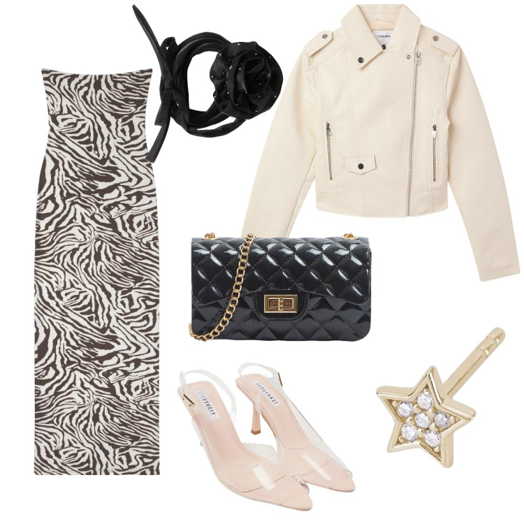 Outfit donna - Al compleanno di un’amica. Stile Glamour per Serata fuori. Abbinamento con vestiti lunghi, giacche, collane, sandali col tacco, borse a tracolla, orecchini.