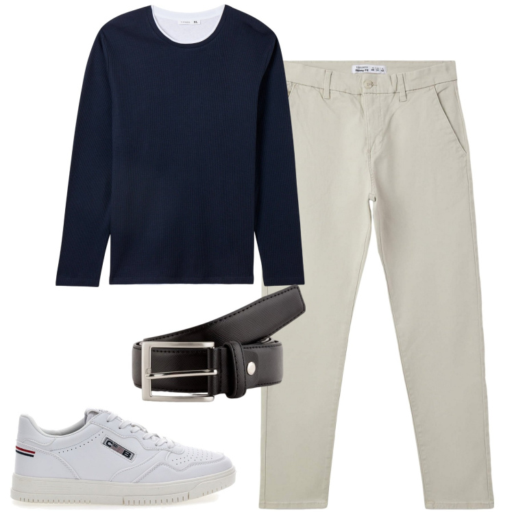 Outfit uomo - La maglia blu navy. Stile Casual per Tutti i giorni. Abbinamento con pantaloni chino, maglieria, sneakers, cinture.