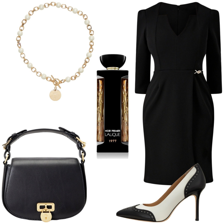 Outfit donna - Chic e sensuale. Stile Chic per Serata fuori. Abbinamento con profumi, vestiti a tubino, borse a tracolla, collane, décolleté.