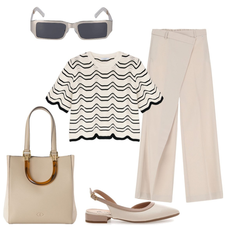 Outfit donna - Le slingback primaverili. Stile Minimal per Cerimonia. Abbinamento con pantaloni, ballerine, maglieria, occhiali da sole, shopping bag.