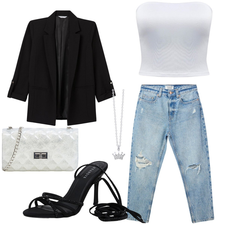Outfit donna - Serata con le amiche. Stile Glamour per Serata fuori. Abbinamento con jeans mom, borse a tracolla, blazer, top, sandali alla schiava, collane.