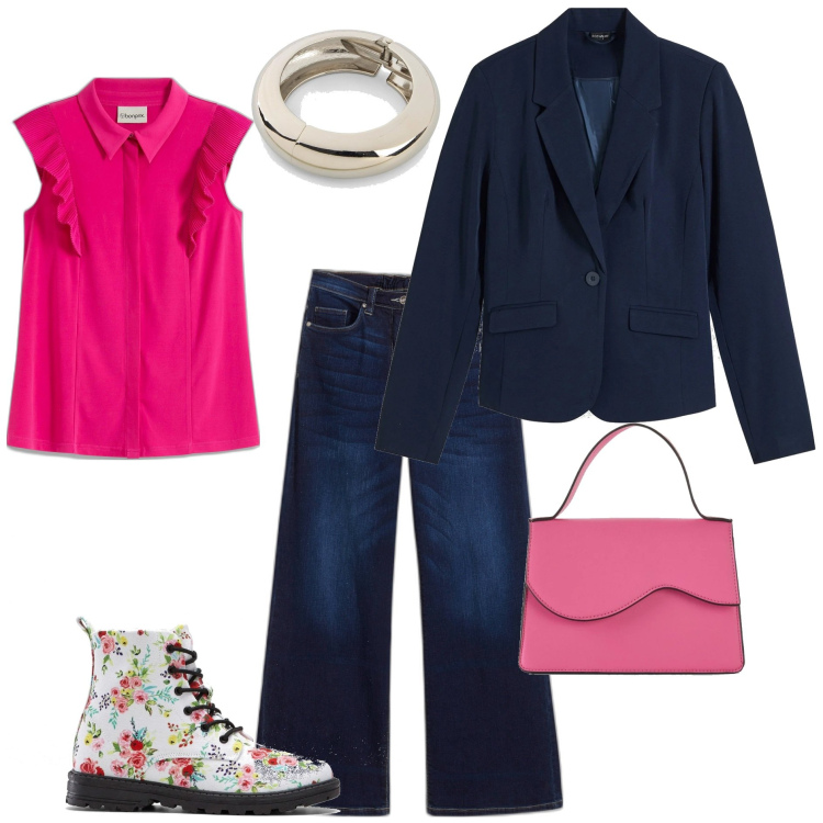 Outfit donna - Casual chic Bonprix. Stile Casual chic per Tutti i giorni. Abbinamento con jeans, blazer, maglieria, borse a tracolla, stivaletti, braccialetti.