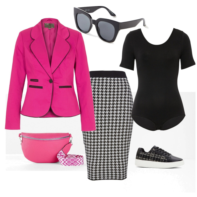 Outfit donna - Colors. Stile Glamour per Tutti i giorni. Abbinamento con body, blazer, gonne, sneakers, marsupi, occhiali da sole.