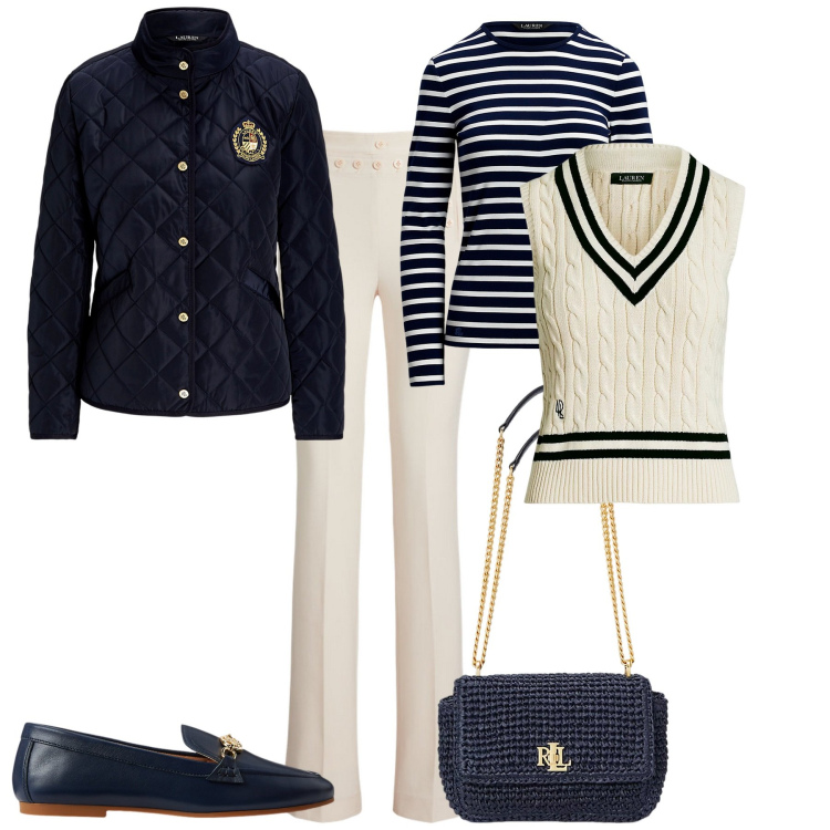 Outfit donna - Total look #2097301. Stile Sporty chic per Ufficio. Abbinamento con gilet, mocassini, pantaloni, giacche, borse a spalla, t-shirt.