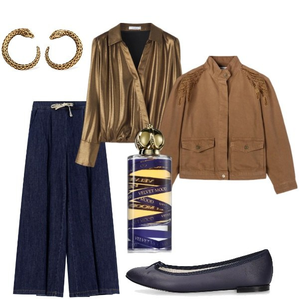 Outfit donna - Serata fuori. Stile Casual chic per Serata fuori. Abbinamento con profumi, jeans, ballerine, orecchini, camicie, blazer.