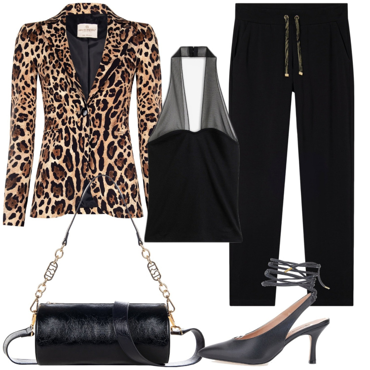 Outfit donna - Blazer animalier. Stile Glamour per Serata fuori. Abbinamento con top, blazer, borse a mano, pantaloni, décolleté.