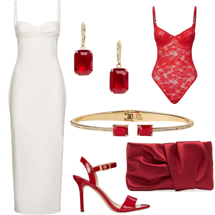 Outfit donna - Seconde Nozze. Stile Chic per Cerimonia. Abbinamento con sandali col tacco, orecchini, braccialetti, vestiti midi/longuette, body, pochette.