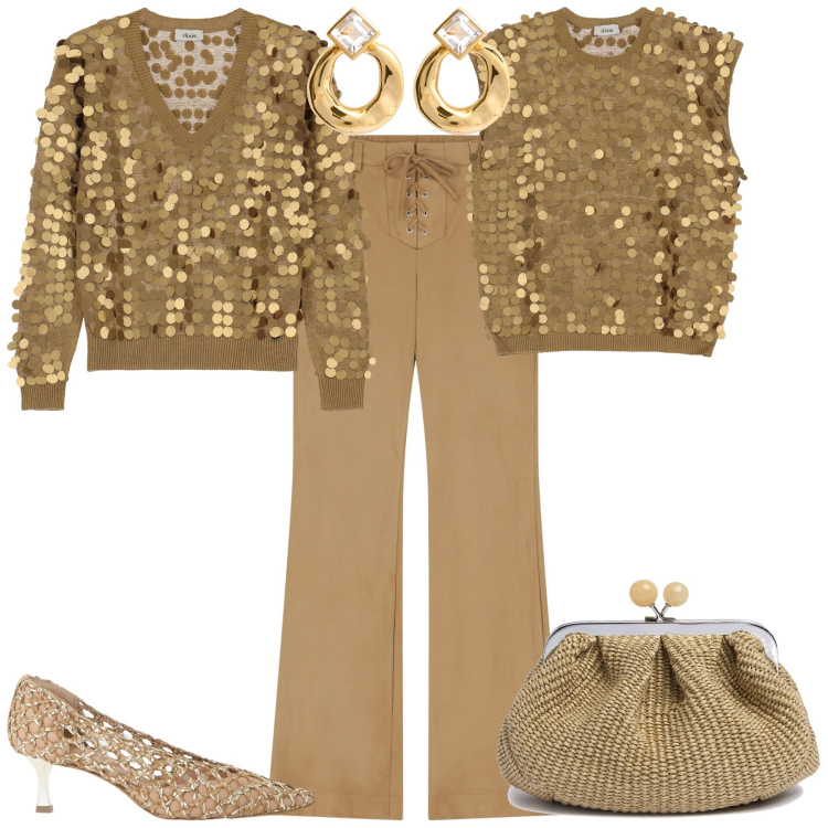 Outfit donna - Serata evento glamour. Stile Glamour per Serata fuori. Abbinamento con pantaloni, top, maglieria, décolleté, pochette, orecchini.