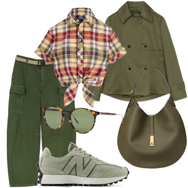 Outfit donna - A spasso per la città. Stile Casual per Tutti i giorni. Abbinamento con sneakers, pantaloni chino, occhiali da sole, borse a spalla, camicie, trench.