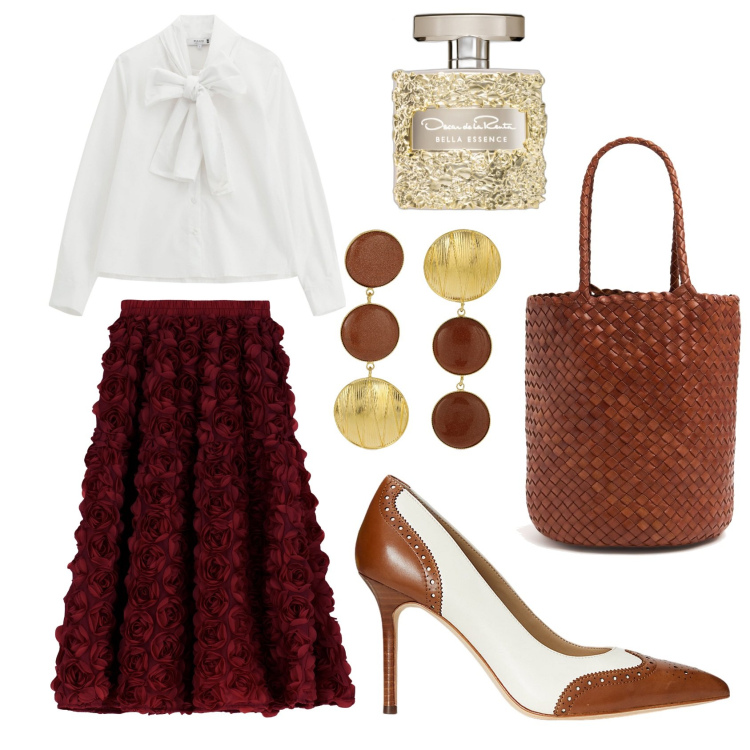 Outfit donna - Primo appuntamento. Stile Chic per Serata fuori. Abbinamento con profumi, camicie, gonne, décolleté, orecchini, borse a mano.