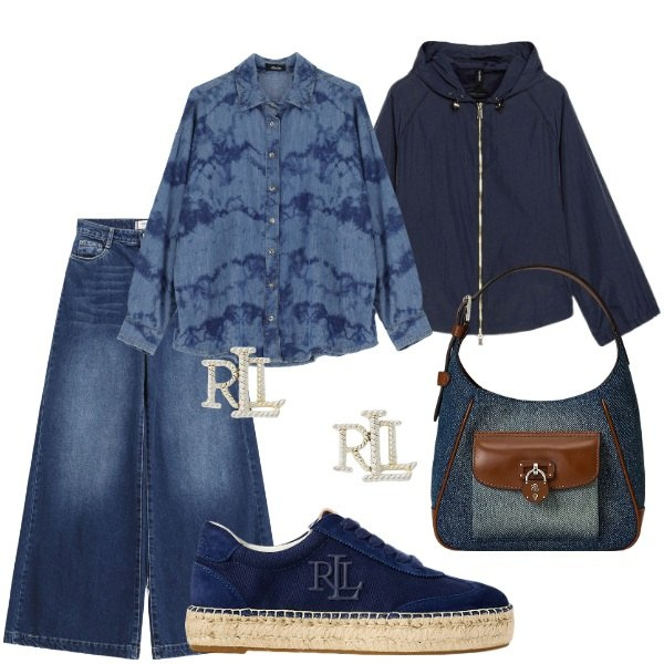 Outfit donna - A spasso per la città. Stile Casual per Tutti i giorni. Abbinamento con jeans, camicie, orecchini, sneakers, borse a tracolla, parka.