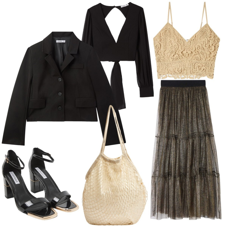 Outfit donna - Gonna di tulle. Stile Trendy per Serata fuori. Abbinamento con sabot, bluse, gonne, top, borse a tracolla, blazer.