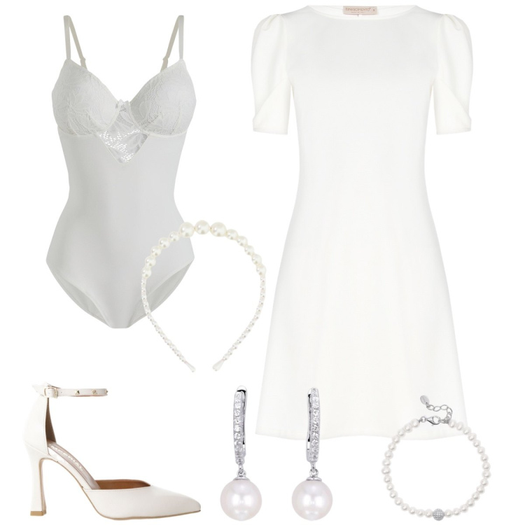 Outfit donna - Sposa di aprile. Stile Chic per Cerimonia. Abbinamento con body, orecchini, braccialetti, vestiti, décolleté, cerchietti.