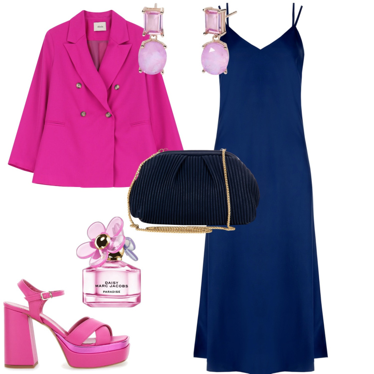 Outfit donna - Serata evento cerimonia. Stile Chic per Serata fuori. Abbinamento con pochette, vestiti lunghi, profumi, orecchini, blazer, sandali col tacco.