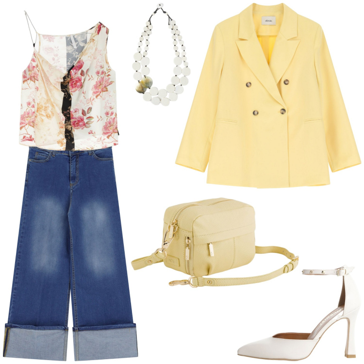 Outfit donna - Bantoa - Mid Season Sale. Stile Casual chic per Tutti i giorni. Abbinamento con top, décolleté, jeans dritti, blazer, ciondoli, borse a tracolla.