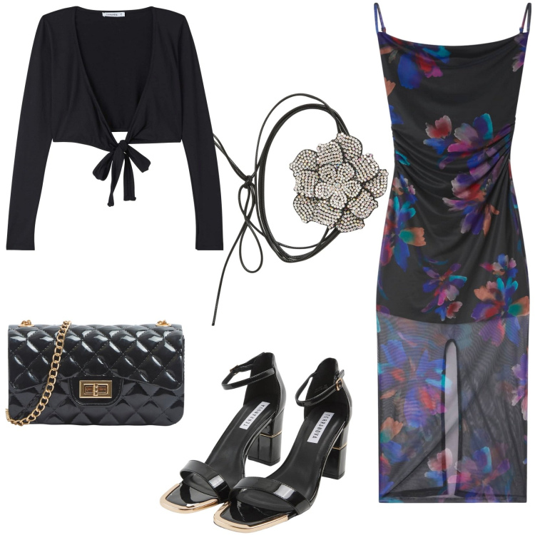 Outfit donna - Un\'occasione speciale. Stile Chic per Serata fuori. Abbinamento con vestiti lunghi, borse a tracolla, sabot, blazer, collane.