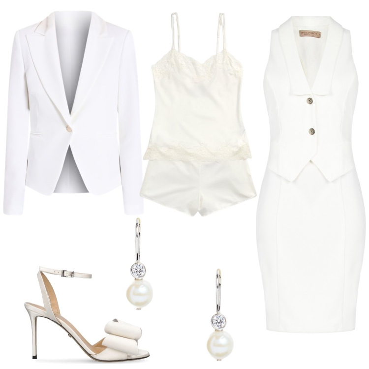 Outfit donna - Sposa di aprile. Stile Mannish per Cerimonia. Abbinamento con blazer, vestiti a tubino, pigiama, orecchini, sandali in pelle.