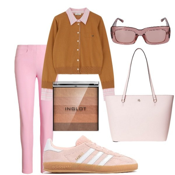 Outfit donna - A spasso per la città. Stile Trendy per Tutti i giorni. Abbinamento con ciprie, cardigans, borse tote, pantaloni, occhiali da sole, sneakers.