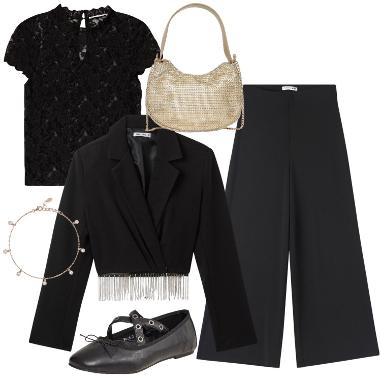 Outfit donna - Total black. Stile Glamour per Serata fuori. Abbinamento con pantaloni culotte, ballerine, t-shirt, blazer, borse a spalla, braccialetti.