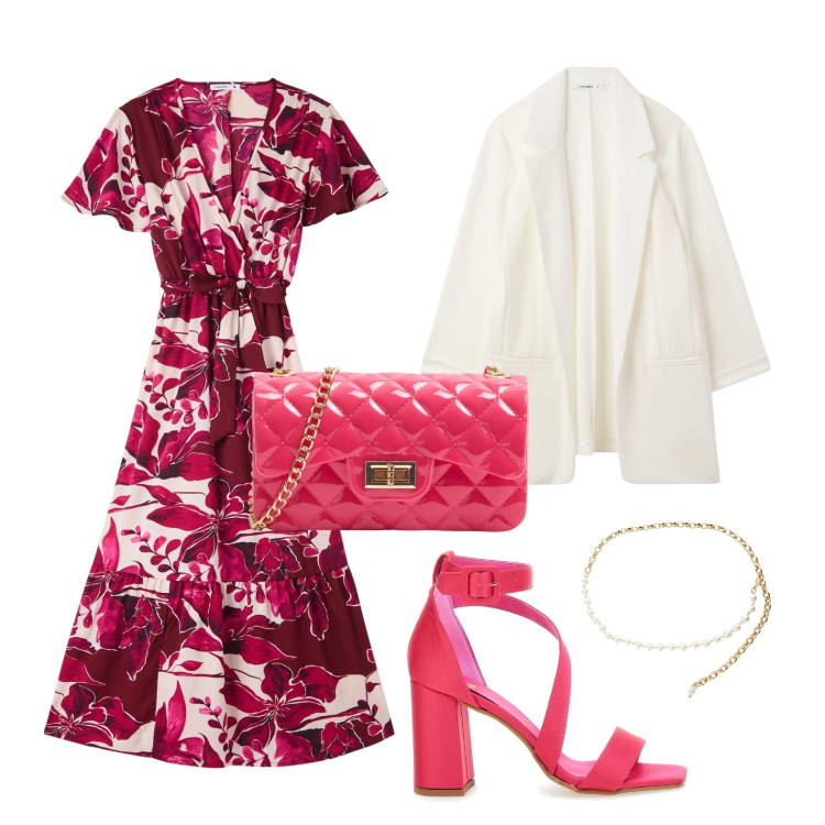 Outfit donna - Rosso e bianco. Stile Romantica per Serata fuori. Abbinamento con borse a tracolla, vestiti lunghi, blazer, collane, sandali col tacco.