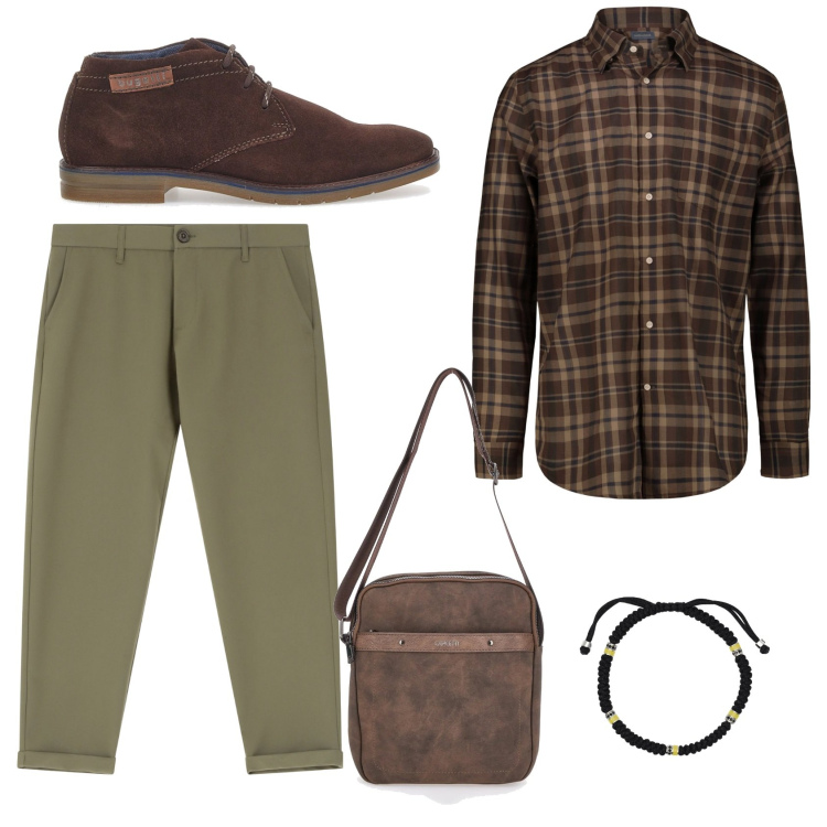 Outfit uomo - In città. Stile Casual per Tutti i giorni. Abbinamento con braccialetti, pantaloni chino, scarpe stringate, portafogli, camicie.