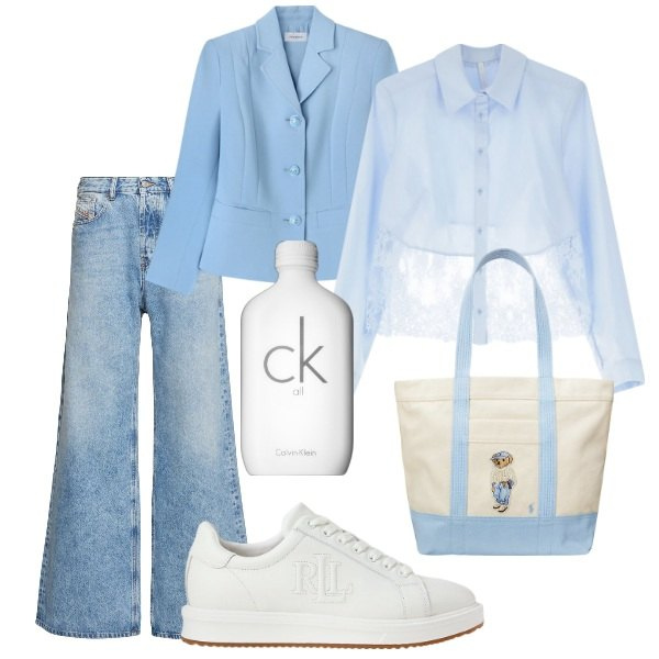 Outfit donna - Aspettando la primavera. Stile Casual chic per Tutti i giorni. Abbinamento con profumi, camicie, sneakers, borse tote, blazer, jeans.