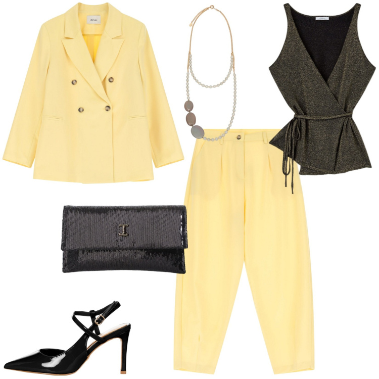 Outfit donna - Il completo giallo chiaro. Stile Casual chic per Cerimonia. Abbinamento con décolleté, borse a tracolla, blazer, pantaloni, top, collane.