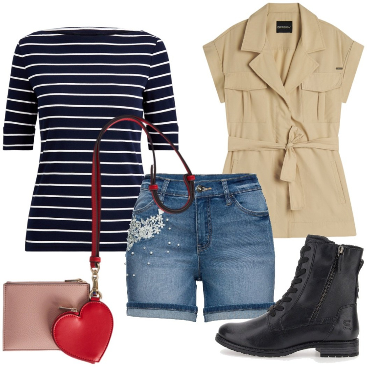 Outfit donna - City. Stile Casual chic per Scuola/Università. Abbinamento con shorts, trench, maglieria, anfibi, portafogli.