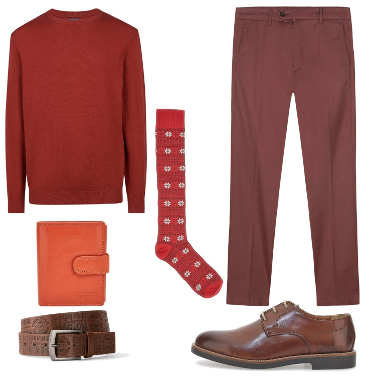 Outfit uomo - Il tocco di classe del calzino. Stile Casual per Tutti i giorni. Abbinamento con cinture, maglieria, portafogli, calzini, scarpe stringate, pantaloni chino.