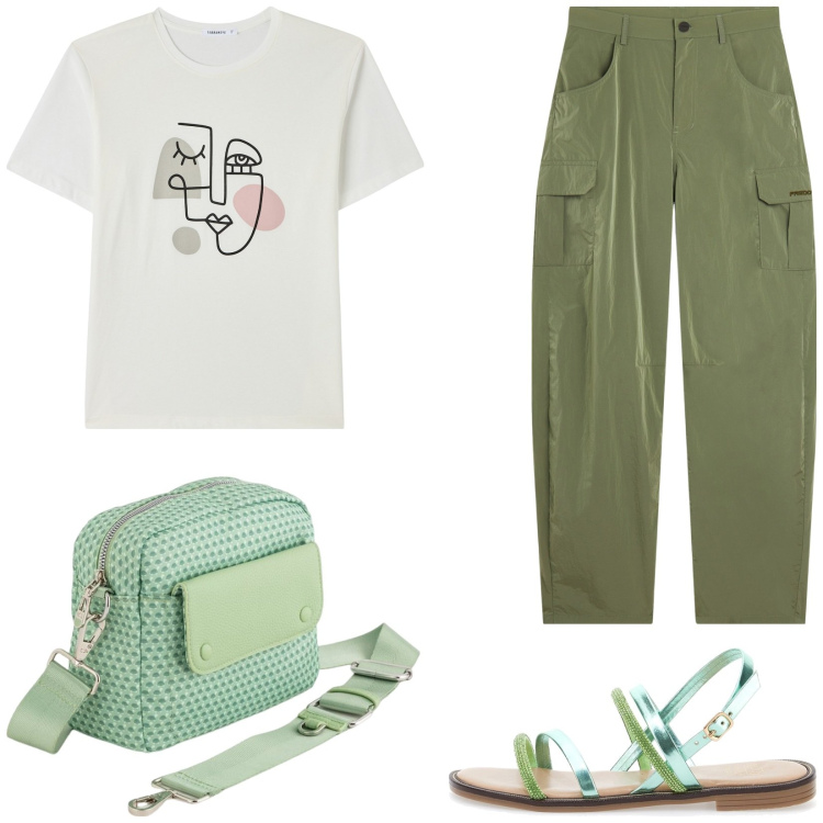 Outfit donna - Look da giorno. Stile Casual per Tutti i giorni. Abbinamento con t-shirt, pantaloni cargo, sandali, borse a tracolla.