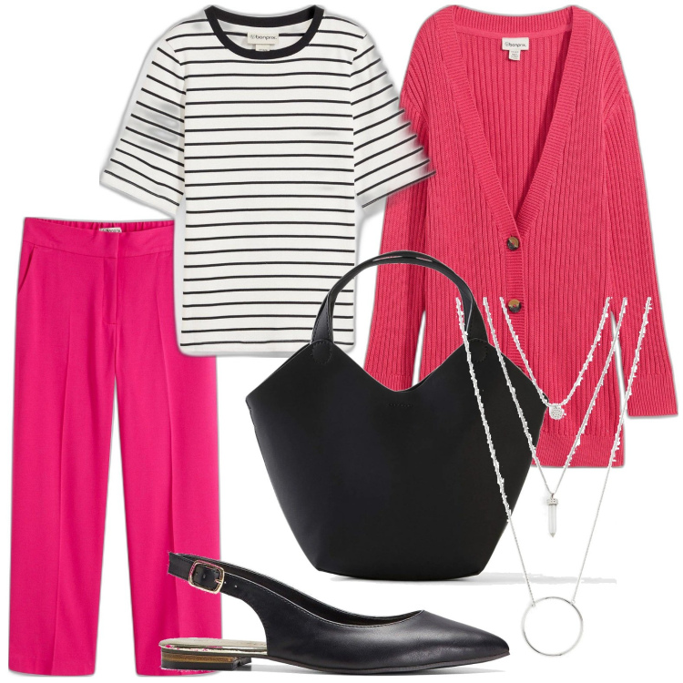 Outfit donna - bonprix - Colori e fantasie di tendenza. Stile Glamour per Ufficio. Abbinamento con pantaloni capri, ballerine, ciondoli, cardigans, t-shirt, borse a mano.