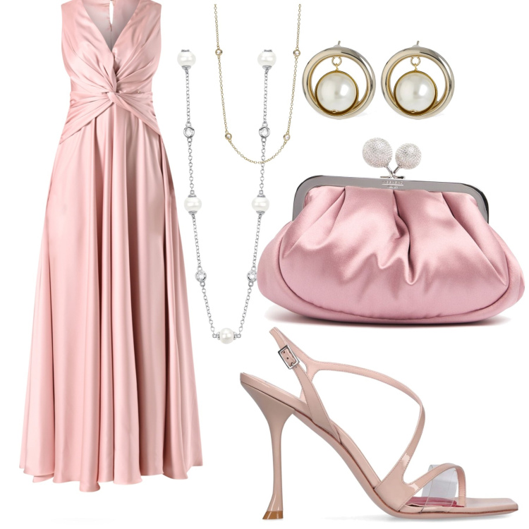 Outfit donna - Una cascata di gioielli. Stile Chic per Cerimonia. Abbinamento con vestiti lunghi, collane, collane, pochette, orecchini, sandali in pelle.