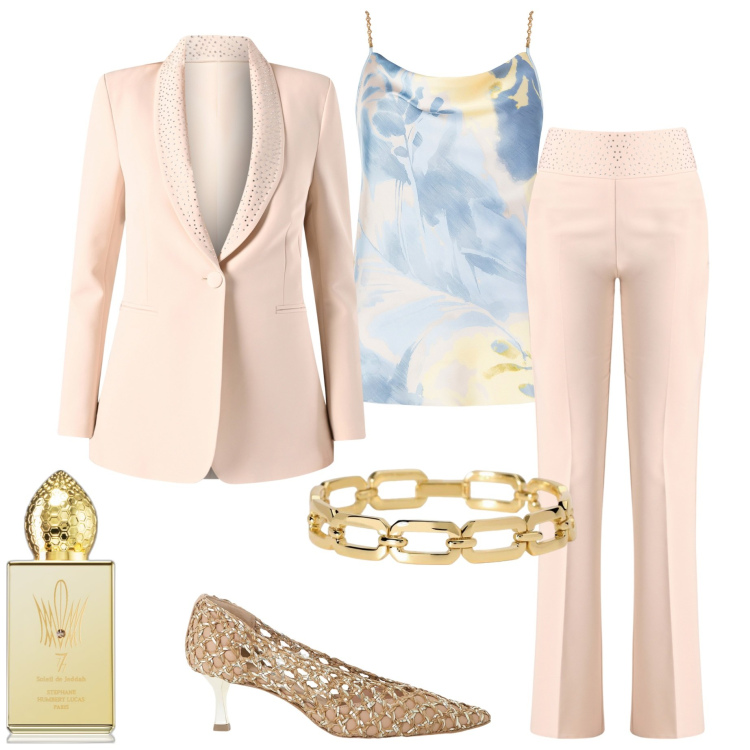 Outfit donna - Tailleur sartoriali. Stile Chic per Cerimonia. Abbinamento con profumi, braccialetti, pantaloni, blazer, top, décolleté.