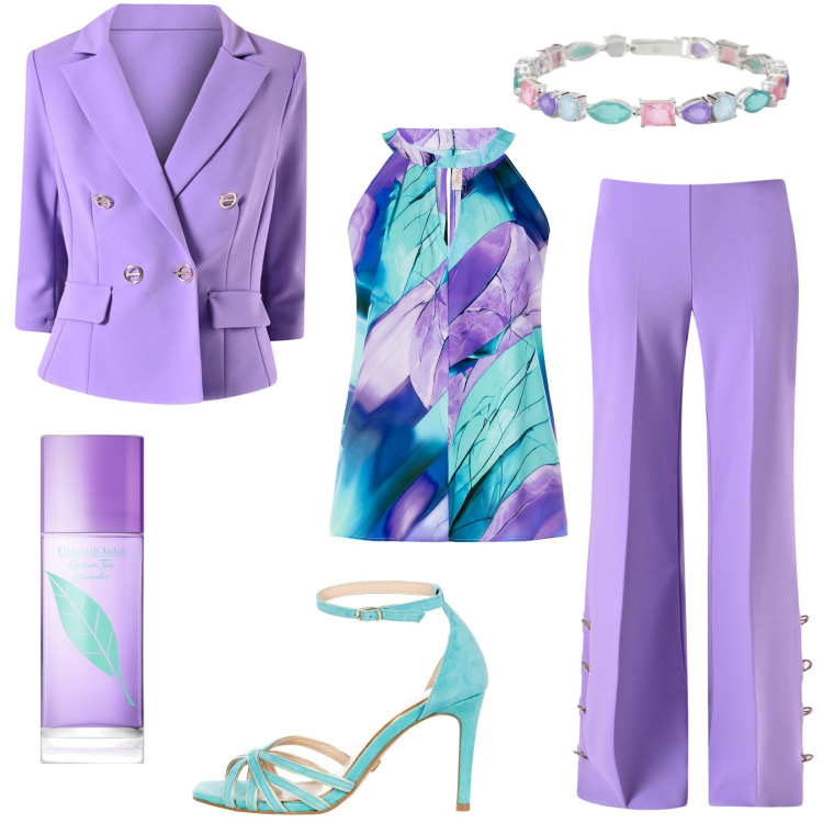 Outfit donna - Il tailleur sartoriale. Stile Chic per Cerimonia. Abbinamento con profumi, braccialetti, sandali col tacco, pantaloni a palazzo, blazer, top.