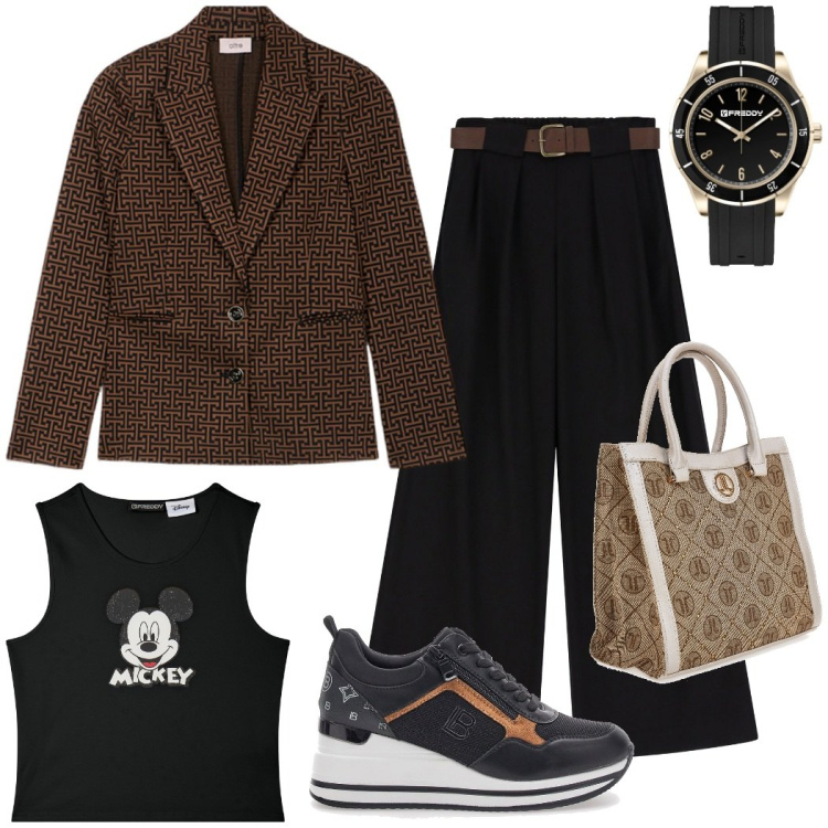 Outfit donna - Urban style. Stile Urban per Tutti i giorni. Abbinamento con canottiere, orologi, pantaloni a palazzo, sneakers, borse a spalla, blazer.