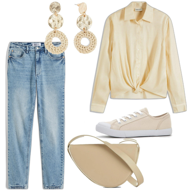 Outfit donna - Primavera basic. Stile Basic per Tutti i giorni. Abbinamento con orecchini, jeans dritti, bluse, sneakers, borse a tracolla.