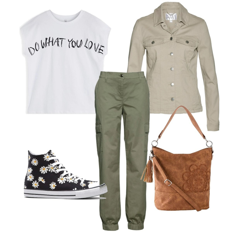 Outfit donna - Total look #2097386. Stile Urban per Tutti i giorni. Abbinamento con pantaloni cargo, blazer, borse a mano, maglieria, sneakers alte.