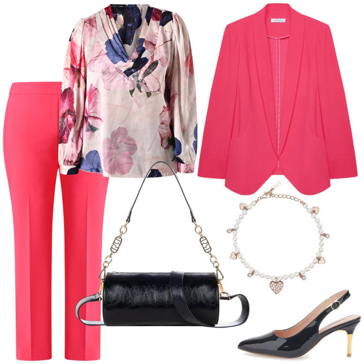 Outfit donna - Stampa floreale sulla blusa. Stile Chic per Serata fuori. Abbinamento con braccialetti, bluse, borse a mano, pantaloni a palazzo, décolleté, blazer.