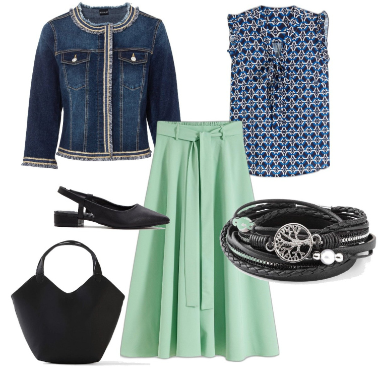 Outfit donna - La gonna verde. Stile Bon Ton per Tutti i giorni. Abbinamento con blazer, gonne lunghe, décolleté, braccialetti, top, borse a mano.