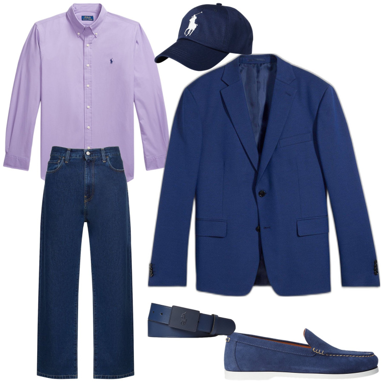 Outfit uomo - Blu e lilla in ufficio. Stile Trendy per Ufficio. Abbinamento con giacche, cappelli, scarpe stringate, cinture, camicie, pantaloni.