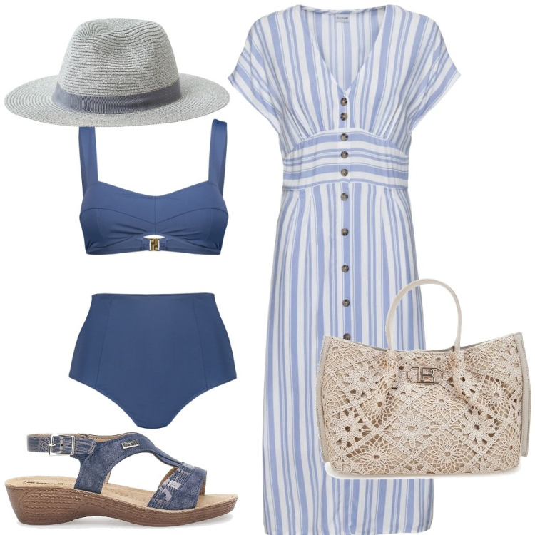 Outfit donna - Vacanze al mare. Stile Casual chic per Mare. Abbinamento con vestiti, cappelli, sandali, bikini, borse a tracolla.