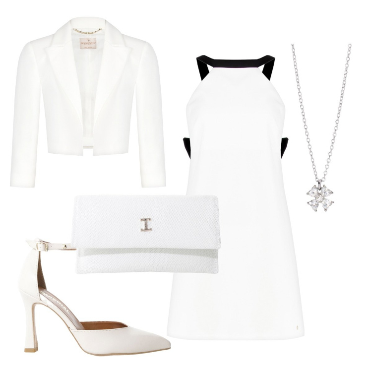 Outfit donna - Bianco totale. Stile Chic per Cerimonia. Abbinamento con collane, vestiti, bolero, décolleté, borse a tracolla.