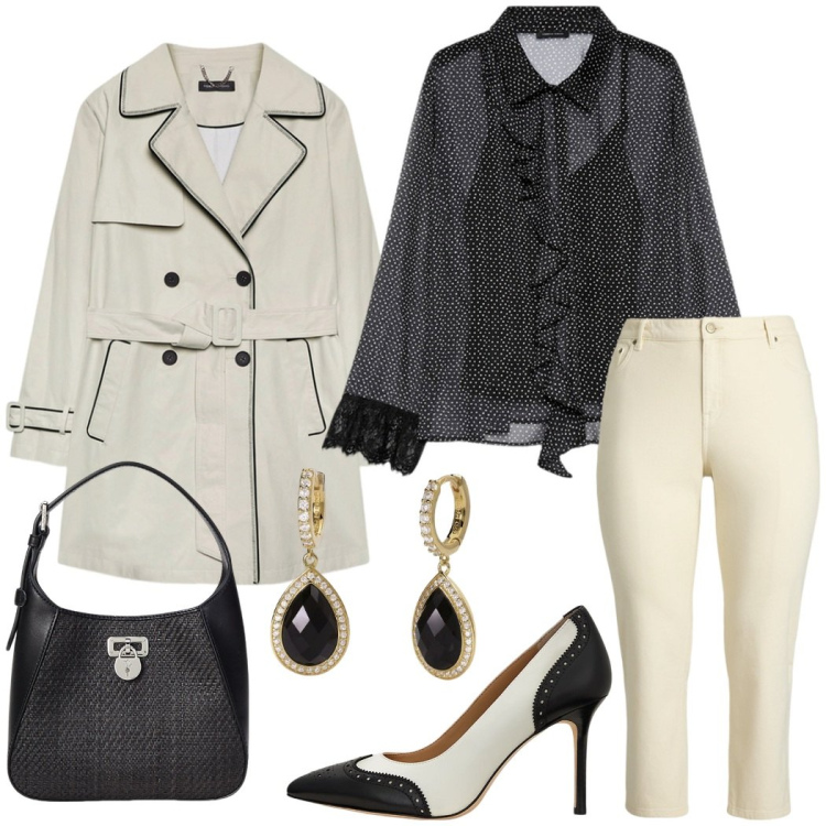Outfit donna - Cena elegante. Stile Chic per Serata fuori. Abbinamento con orecchini, jeans dritti, décolleté, borse a tracolla, camicie, trench.